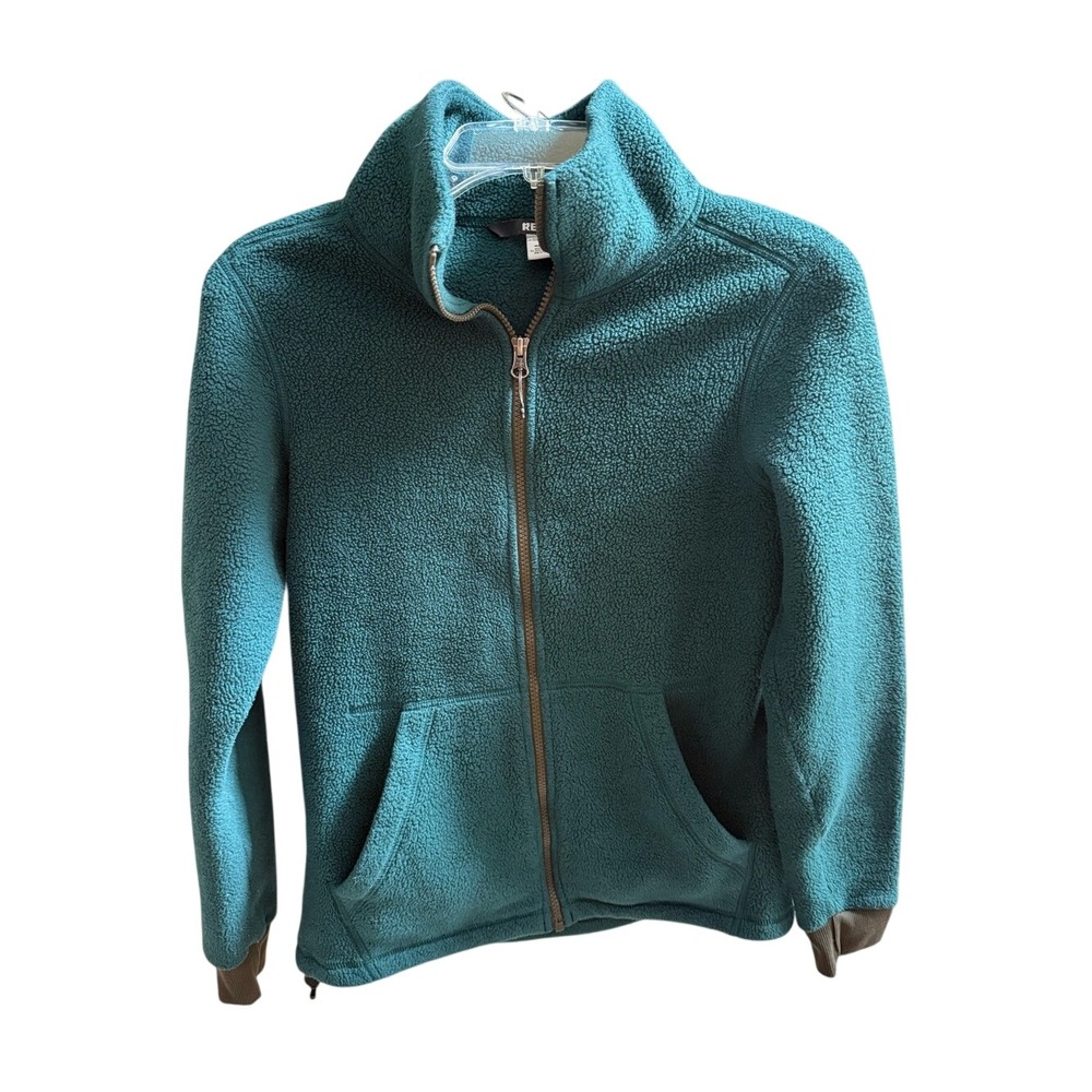 REI Co-op Womens XS‎ Teal Green Sherpa Fleece Full Zip Jacket with Thumbholes